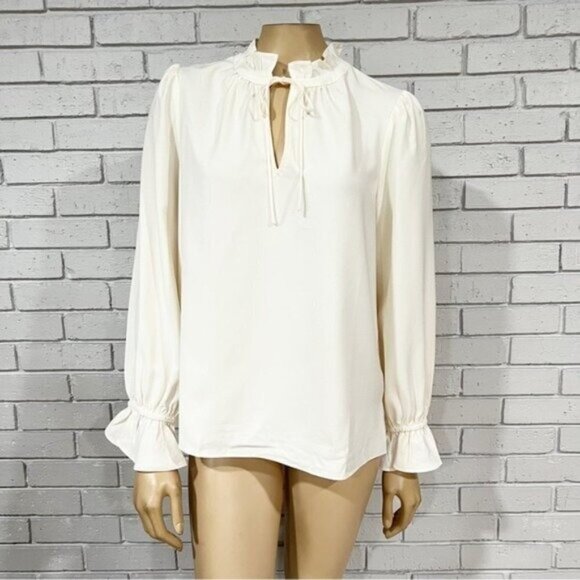 J. Crew Tops - J.Crew Women’s Cream Ruffle Tie-Neck Blouse Size M | Long Sleeve Drapey Top